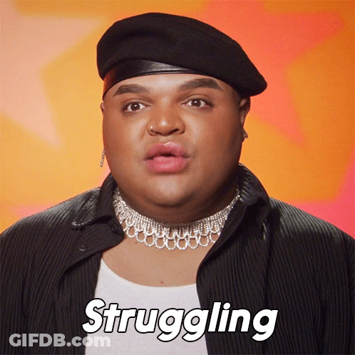 A Man Wearing A Beret And A Choker Has The Word Struggling Above His Head GIF
