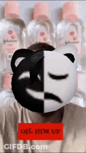 A Man Wearing A Black And White Mask With A Mustache Is Standing In Front Of Bottles Of Johnsons Baby Oil GIF