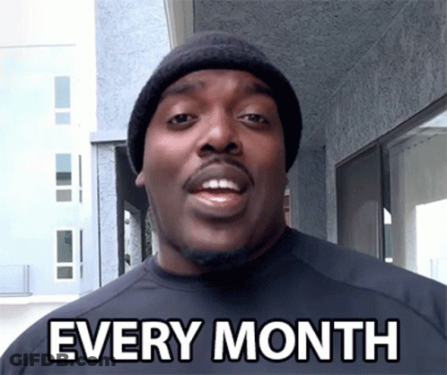 A Man Wearing A Black Beanie And A Black Shirt Says Every Month GIF