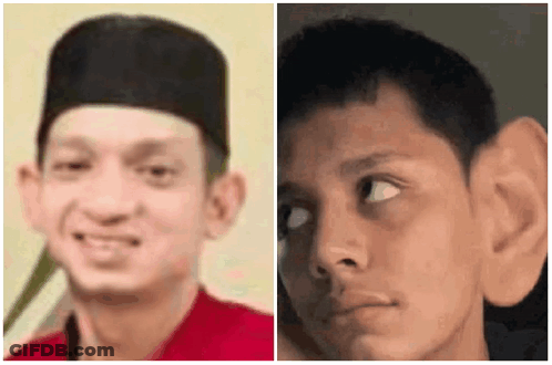 A Man Wearing A Black Hat And A Red Shirt Is Next To A Man With Large Ears GIF