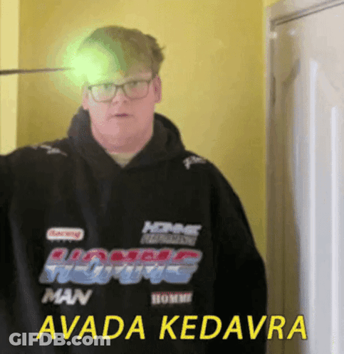 A Man Wearing A Black Hoodie That Says Avada Kedavra On It GIF
