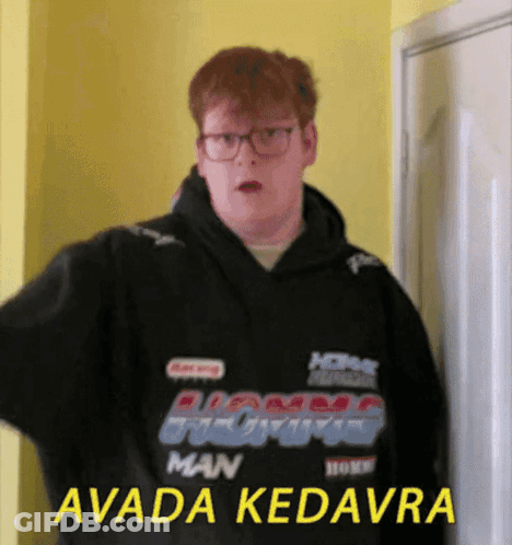 A Man Wearing A Black Hoodie With The Words Avada Kedavra On It GIF