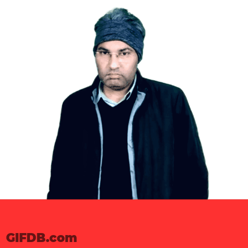 A Man Wearing A Black Jacket And A Headband Stands In Front Of A White Background GIF