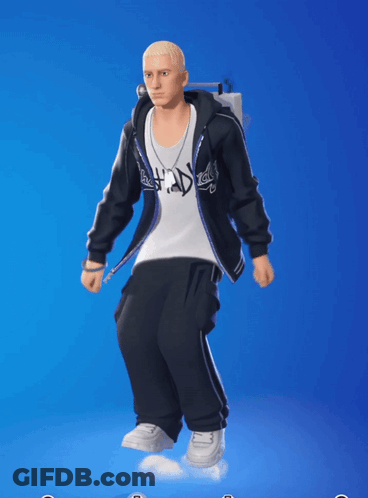 A Man Wearing A Black Jacket And A White Shirt That Says ' Eminem ' On It GIF