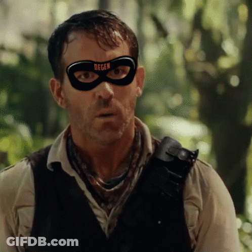 A Man Wearing A Black Mask With The Word Degen On It GIF