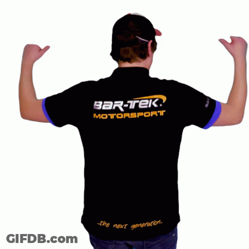 A Man Wearing A Black Shirt That Says Bar-Tek Motorsport On The Back GIF