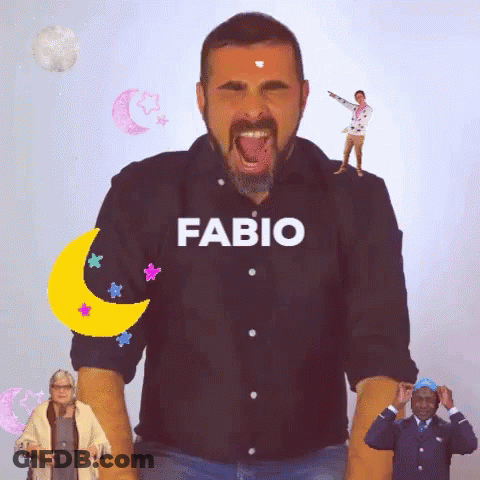A Man Wearing A Black Shirt That Says Fabio GIF
