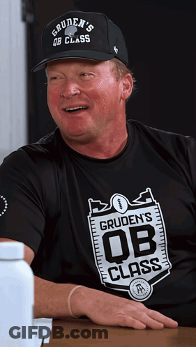A Man Wearing A Black Shirt That Says Gruden 'S Ob Class On It GIF