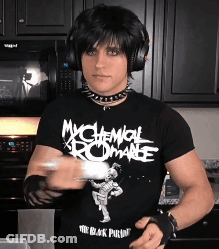 A Man Wearing A Black Shirt That Says Mychemical Romance On It GIF