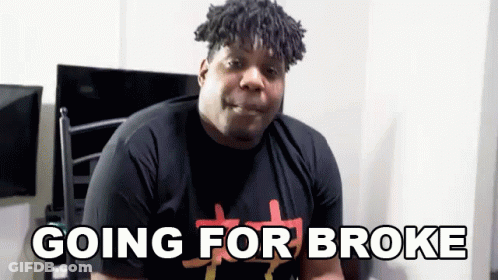 A Man Wearing A Black Shirt With The Words Going For Broke Written On It GIF