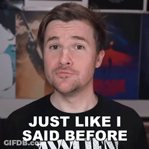 A Man Wearing A Black Shirt With The Words Just Like I Said Before On It GIF
