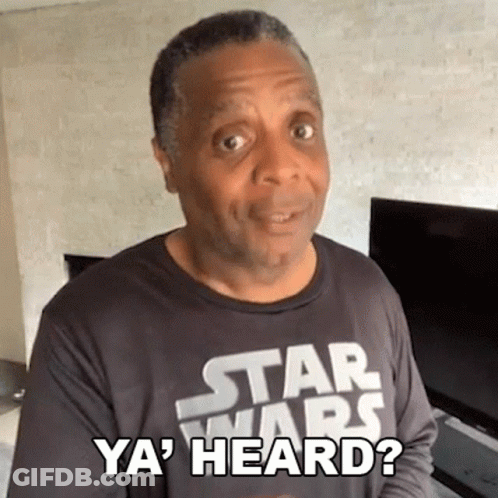 A Man Wearing A Black Star Wars Shirt Is Asking If He Has Heard . GIF