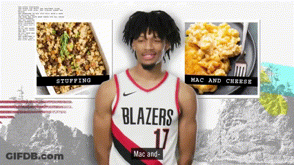 A Man Wearing A Blazers Jersey Stands In Front Of A Collage Of Food GIF