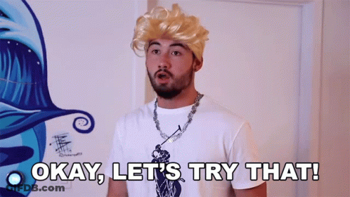 A Man Wearing A Blonde Wig And A White Shirt Says Okay Let 'S Try That GIF