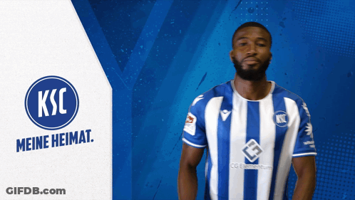 A Man Wearing A Blue And White Striped Shirt With Ksc Meine Heimat On The Bottom GIF