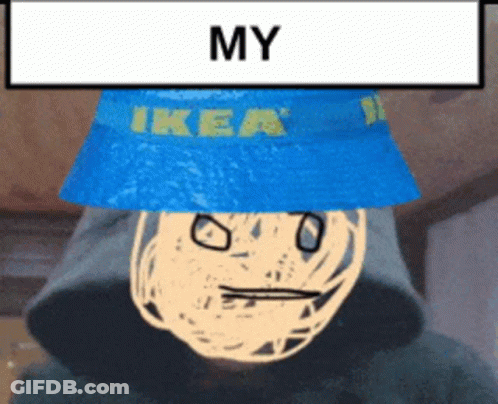 A Man Wearing A Blue Bucket Hat With Ikea Written On It GIF