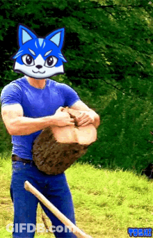 A Man Wearing A Blue Cat Mask Is Holding A Log In His Hands GIF