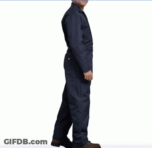 A Man Wearing A Blue Coveralls With Brown Shoes GIF
