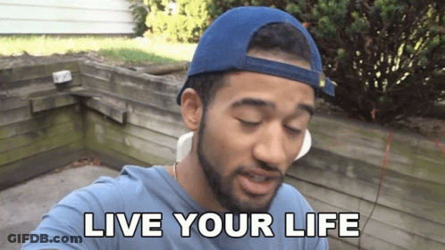 A Man Wearing A Blue Hat And A Blue Shirt Says " Live Your Life " GIF