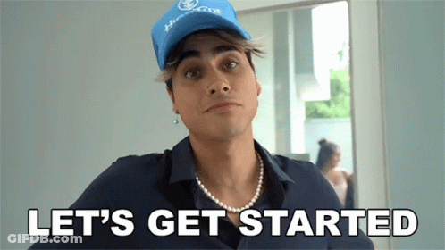A Man Wearing A Blue Hat And A Pearl Necklace Says " Let 'S Get Started " GIF