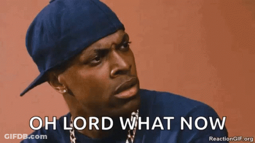 A Man Wearing A Blue Hat And Chains Has The Words Oh Lord What Now Below Him GIF