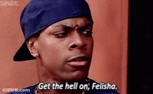A Man Wearing A Blue Hat Is Saying `` Get The Hell On , Felisha . '' GIF