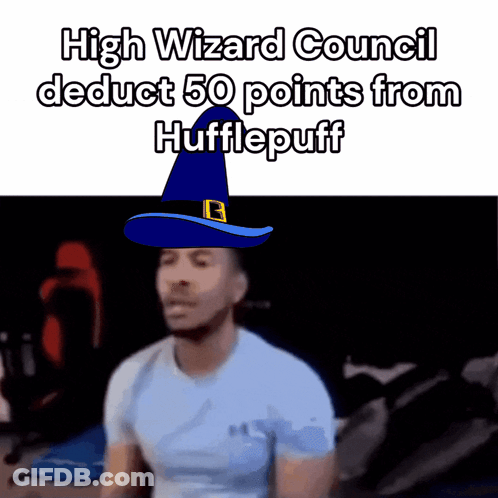 A Man Wearing A Blue Hat With The Words High Wizard Council Deduct 50 Points From Hufflepuff On It GIF