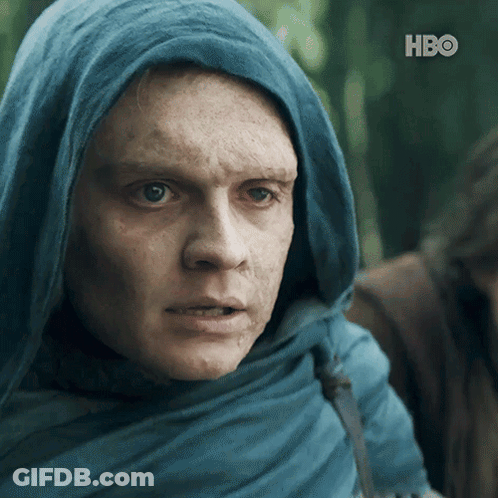 A Man Wearing A Blue Scarf And A Hood With Hbo On The Bottom Right GIF