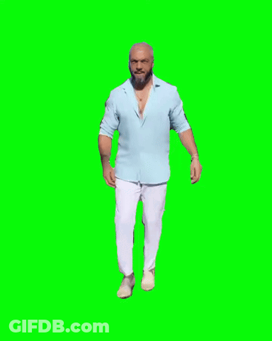 A Man Wearing A Blue Shirt And White Pants Is Dancing On A Green Screen . GIF