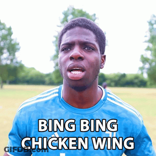 A Man Wearing A Blue Shirt That Says Bing Bing Chicken Wing On It GIF