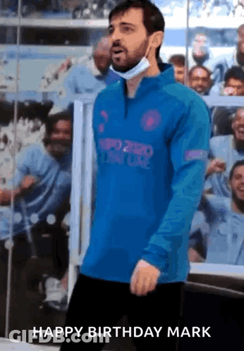 A Man Wearing A Blue Shirt That Says Happy Birthday Mark On It GIF