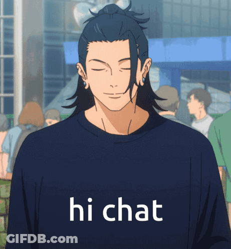A Man Wearing A Blue Shirt That Says Hi Chat On It GIF