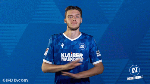 A Man Wearing A Blue Shirt That Says Klaber Markisen On It GIF