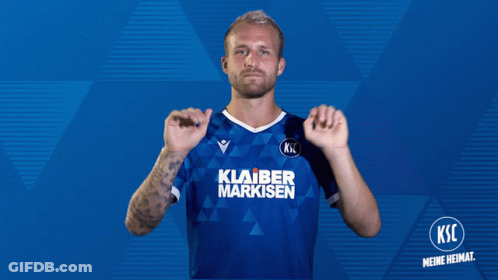A Man Wearing A Blue Shirt That Says " Klaber Markisen " On It GIF