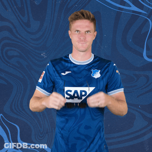 A Man Wearing A Blue Shirt That Says Sap On It GIF