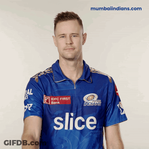 A Man Wearing A Blue Shirt That Says Slice On The Front GIF