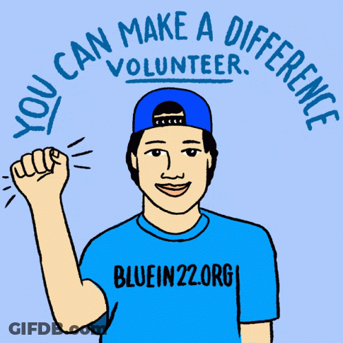 A Man Wearing A Blue Shirt That Says " You Can Make A Difference Volunteer " GIF