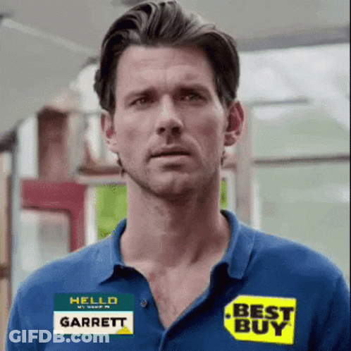 A Man Wearing A Blue Shirt With A Best Buy Sticker On It GIF