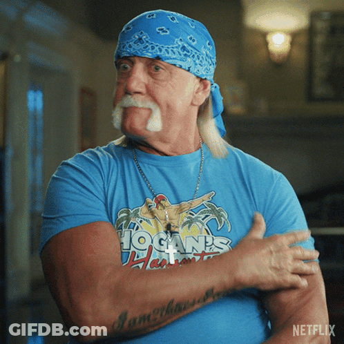 A Man Wearing A Blue Shirt With Hogan 'S Hawaii On It GIF
