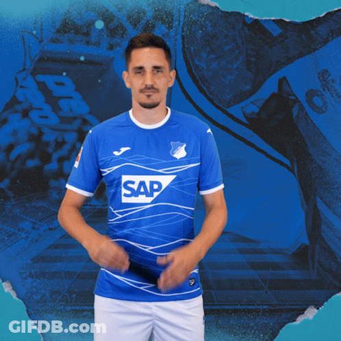 A Man Wearing A Blue Shirt With Sap On It GIF