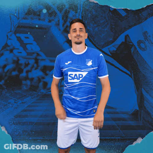 A Man Wearing A Blue Shirt With Sap On It GIF