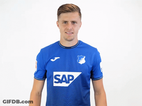 A Man Wearing A Blue Shirt With The Word Sap On It GIF