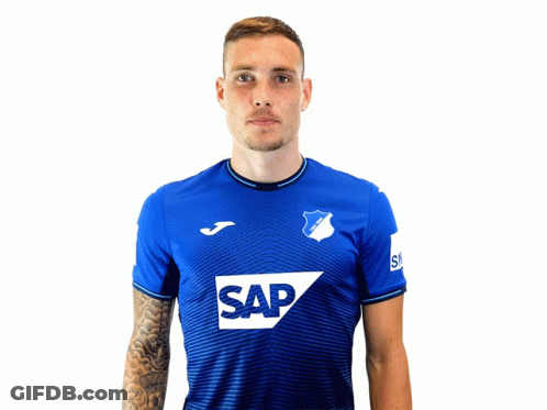 A Man Wearing A Blue Shirt With The Word Sap On The Front GIF