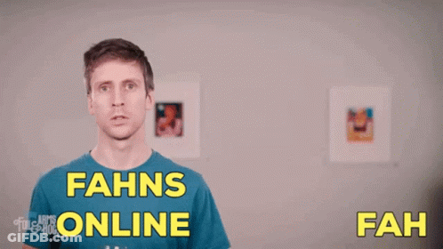 A Man Wearing A Blue Shirt With The Words Fahns Online Written On It GIF