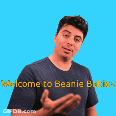A Man Wearing A Blue Shirt With The Words Welcome To Beanie Babies On It GIF