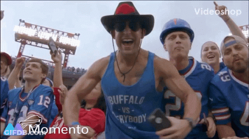 A Man Wearing A Blue Tank Top That Says Buffalo Vs. Everybody GIF