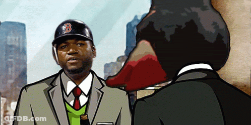 A Man Wearing A Boston Red Sox Hat Talks To Another Man In A Suit GIF