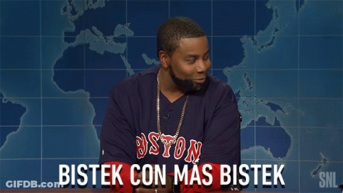 A Man Wearing A Boston Red Sox Shirt Says Bistek Con Mas Bistek In Front Of A Map GIF
