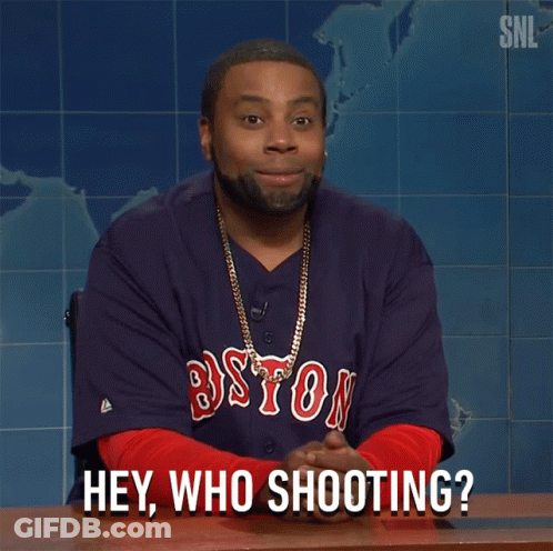 A Man Wearing A Boston Red Sox Shirt Says " Hey Who Shooting " GIF