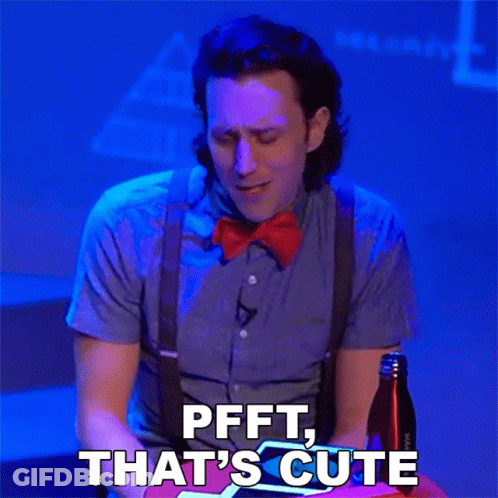 A Man Wearing A Bow Tie And Suspenders Says " Pfft That 'S Cute " GIF